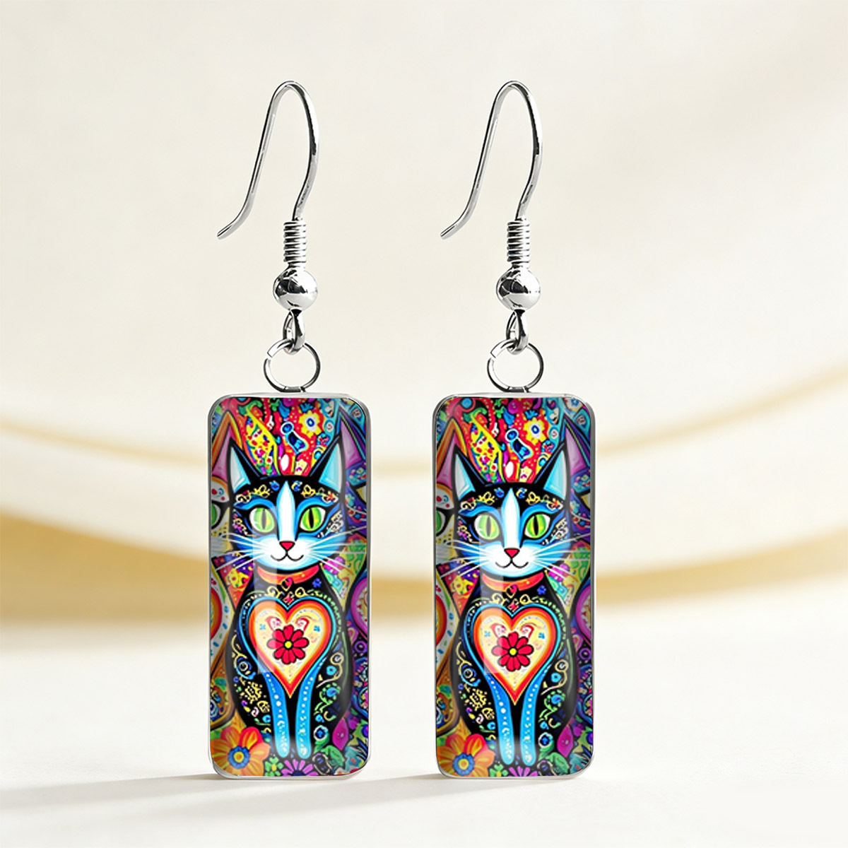 TEMU 1 Pair Cute Colorful Ethnic Style Heart Cat Print Rectangular Earrings, Retro Versatile Long Earrings, Without Battery