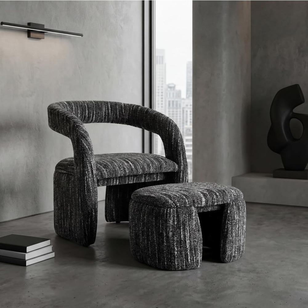 1pc Modern Accent Living Room Chair Set with One Ottoman, Upholstered Barrel Sherpa Lounge Side Chair, Comfy Side Reading Reclining Chair for Living Room, Bedroom, Apartment, Reading Room, Office
