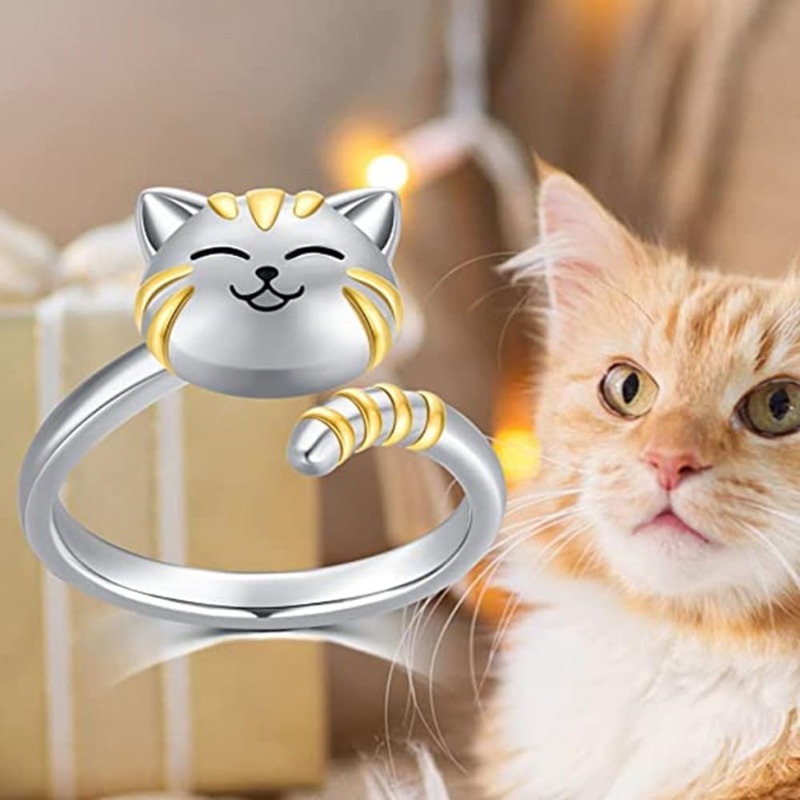 TEMU Cute Cat Pet Rotating Ring Kitten Animal Open Adjustable Ring Bored Jewelry Stacking Fingers Promise Engagement Gift