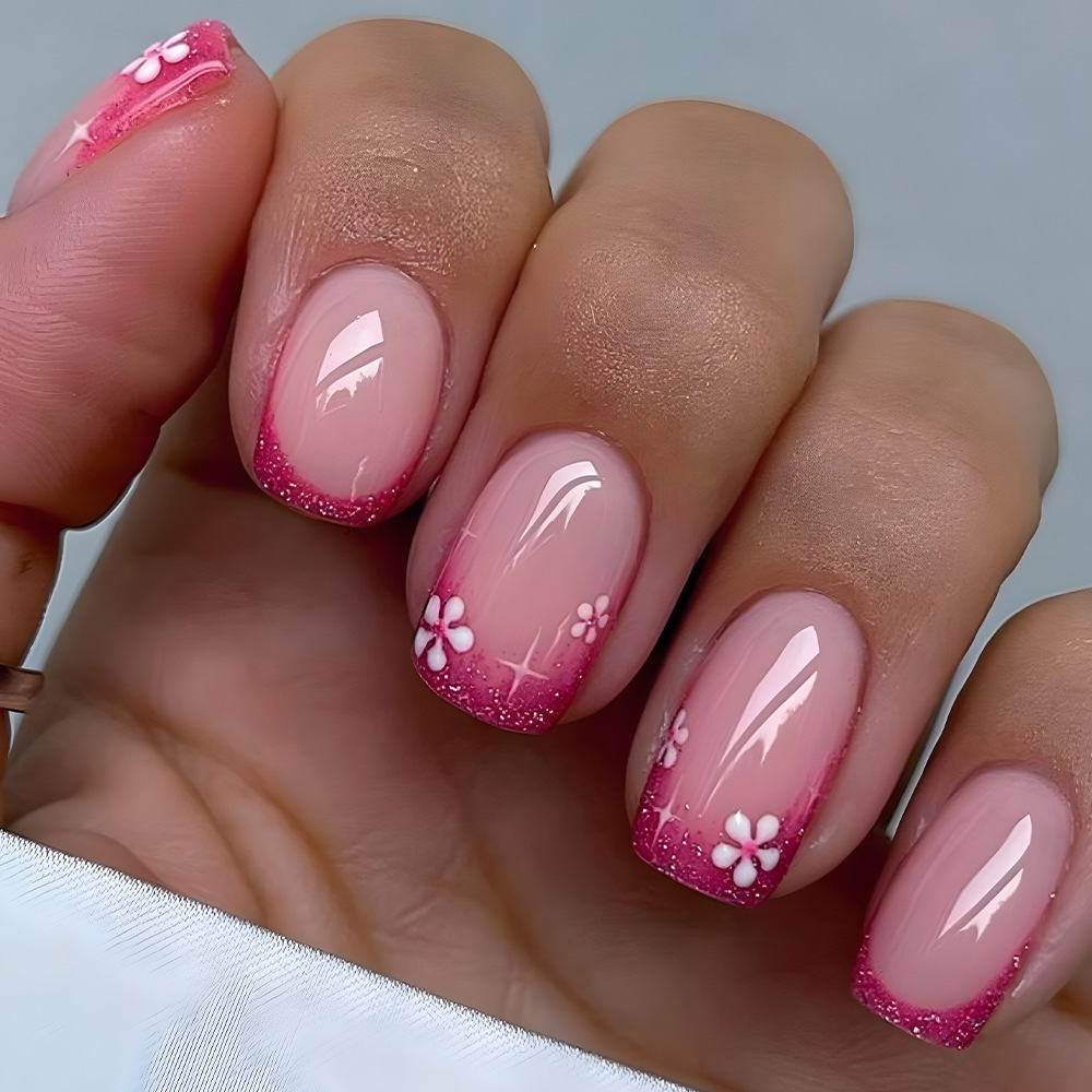 E-shop Vielseitige Nagelspitzen mit fünf Blütenblättern und Glitzer, pinke French Square Nägel, beliebte Stern-Accessoires