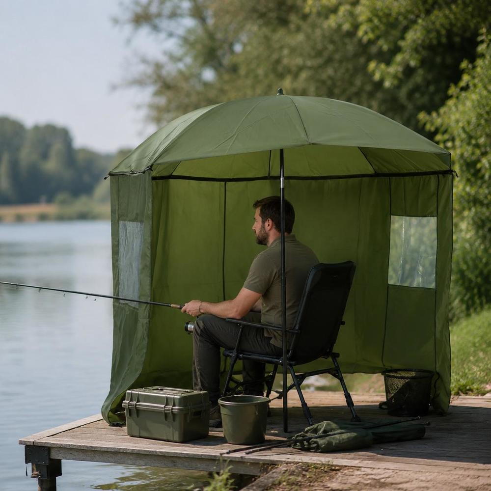 Image of Outdoor Fishing Umbrella Tilt Shelter With Detachable Zipper , Clear Pvc Viewing Windows, Ground Pegs And Carry Bag For Angling , 228x204cm, Army Green