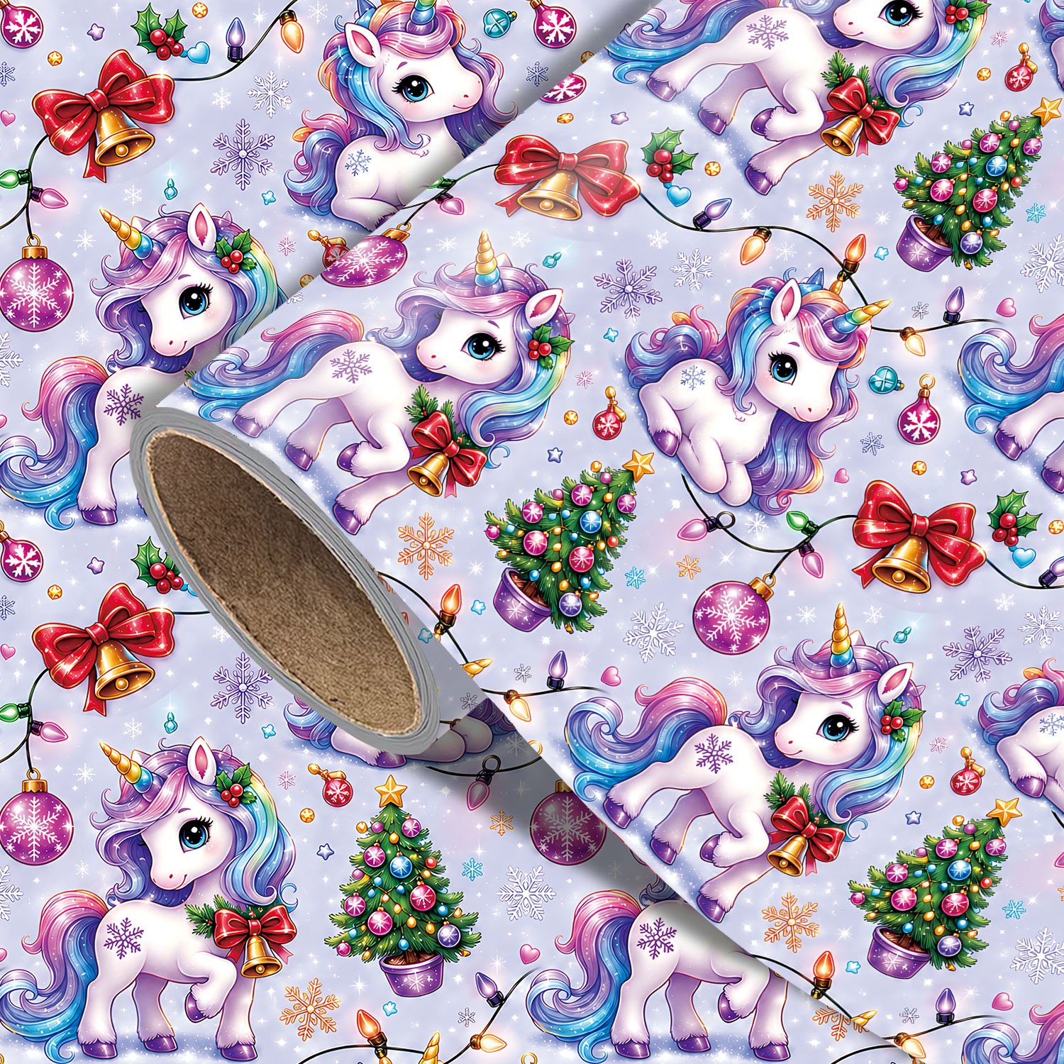 Image of 1 Roll Purple Christmas Gift Wrapping Paper - Xmas Unicorn, Bell Pattern, Designs For Holiday - Measuring 45cm X 300cm (17.7in X 118in)