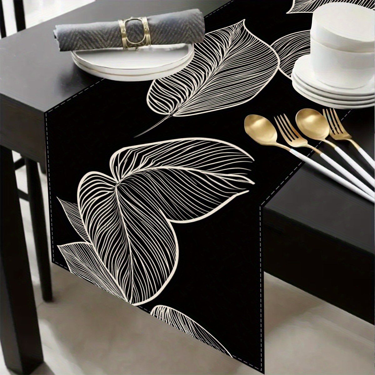 TEMU 1pc, Abstract Leaf Vein Themed Tablecloth, Black Background With White Leaf Vein Pattern, Festive Table Cover, Surface Protection, Suitable For