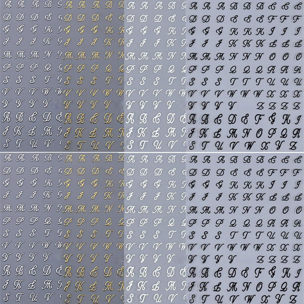 Image of 8 Sheets Letter Nail Stickers Old English Letter Nail Decals 3d Self-adhesive Black White Retro English Pattern Old Alphabet Cursive Design Manicure Nail Accessories For Women