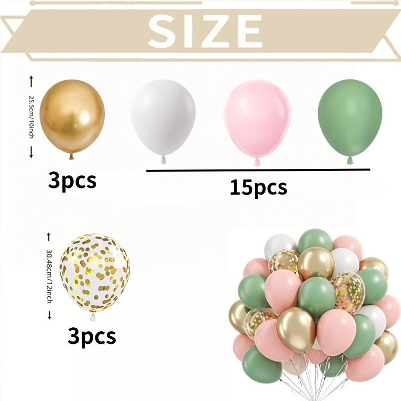 TEMU Juego de 21 globos de rosa, verde y . Los colores incluyen verde, rosa, , dorado metálico y globos dorados con lentejuelas. Los colores son