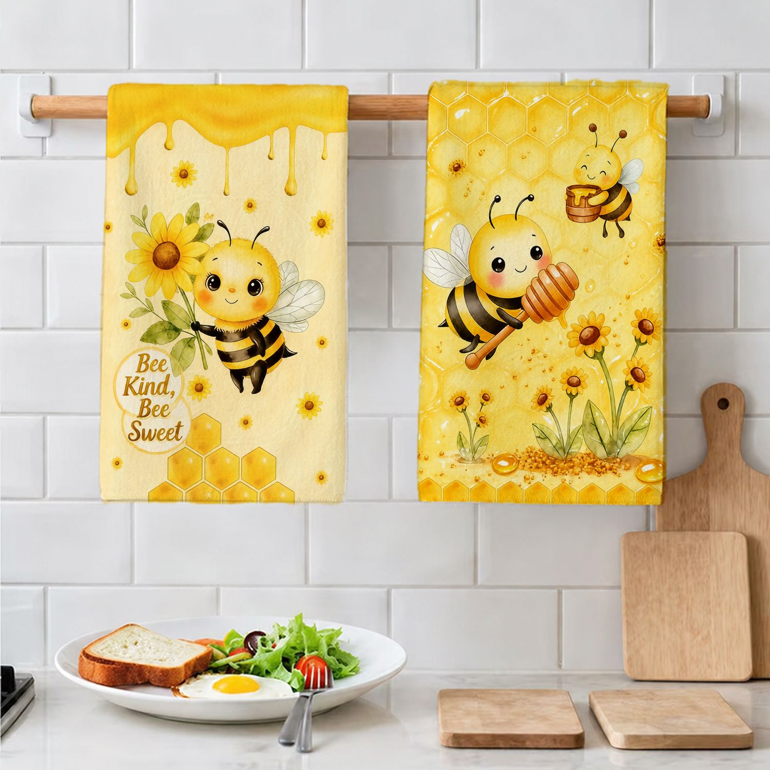 TEMU 2pcs Honeycomb Bee Pattern Kitchen Towels, Sunflower Honey Theme Printed Rectangular Microfiber Kitchen Towels, Absorbent Dishcloths,