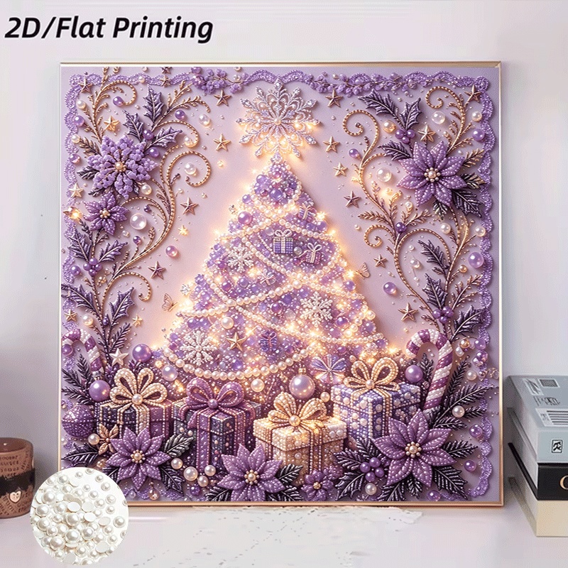 TEMU 2d Flat, 2d Flat, 2d Flat Printing Painting Christmas Tree Frameless Handmade Glue Rhinestone Canvas, Suitable For Bedroom Decoration, Living