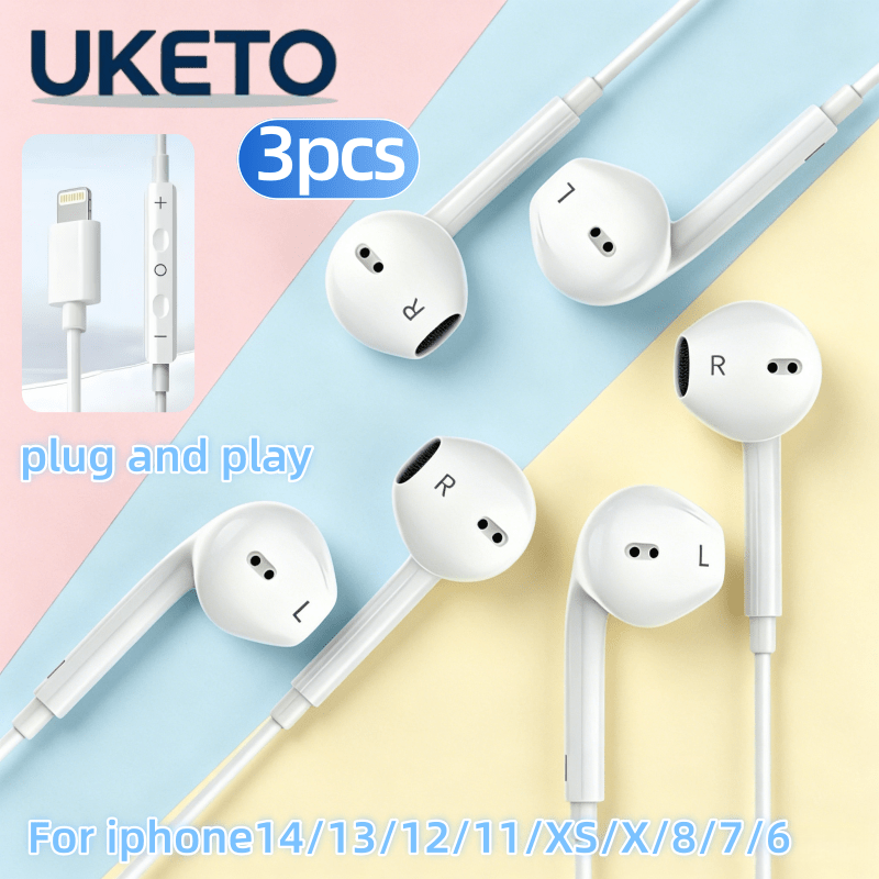 TEMU Casque filaire 3 pièces avec microphone intégré, de réglage du volume numérique, Plug and Play, compatible avec iPhone 14/13/12/11/XS/X/8/7/6,