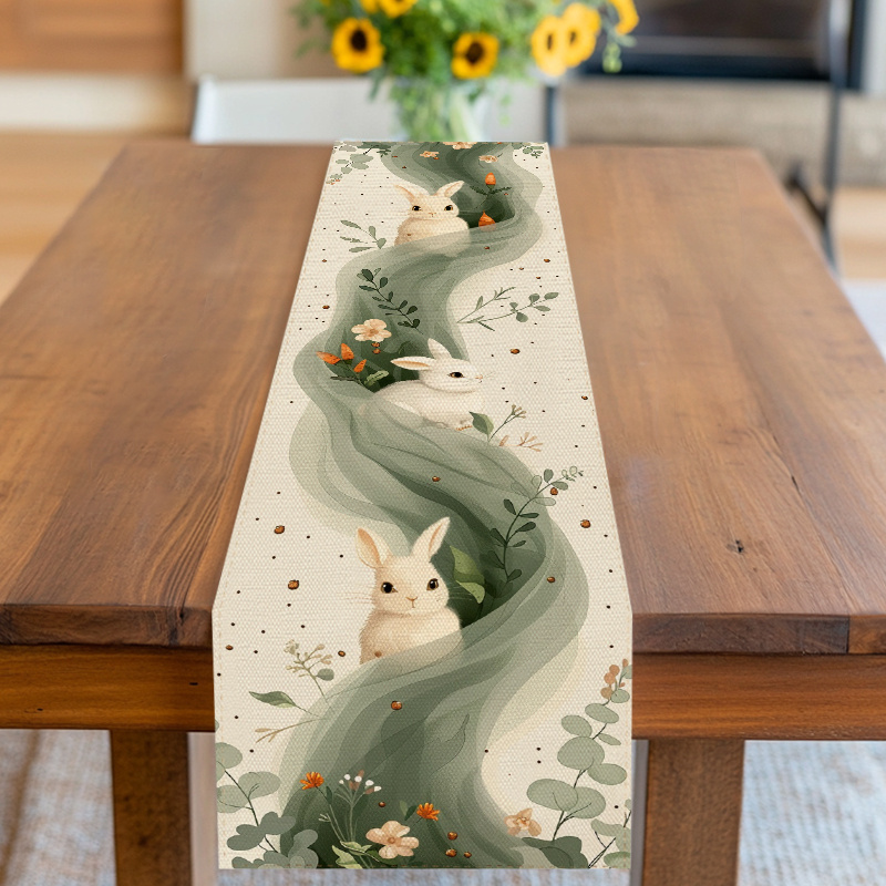 TEMU Table Runner, Table Cover, Rabbit And With Carrots, - Beige Tone, For Easter, Spring, Valentine's Day, Birthday, Anniversary And More, Suitable