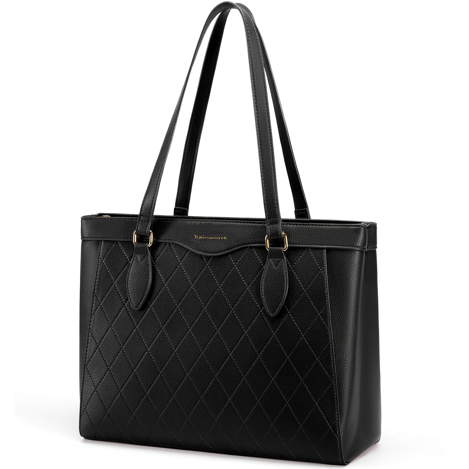 Image of Rainsmore Women's Handbag - Large Capacity 14-inch Laptop Bag, Faux Leather Tote, Commuter, Work, Business, Campus, Shoulder Bag, Black