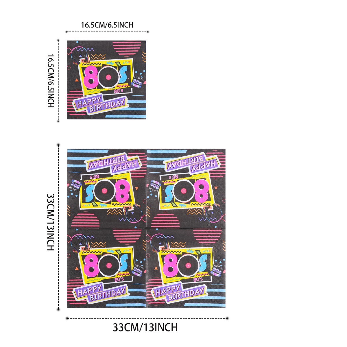 TEMU 25pcs Retro 80s Rock Birthday Theme Party Napkins, Black Background Neon Record Earphones Vintage Print Disposable Tissues, Thick And Soft