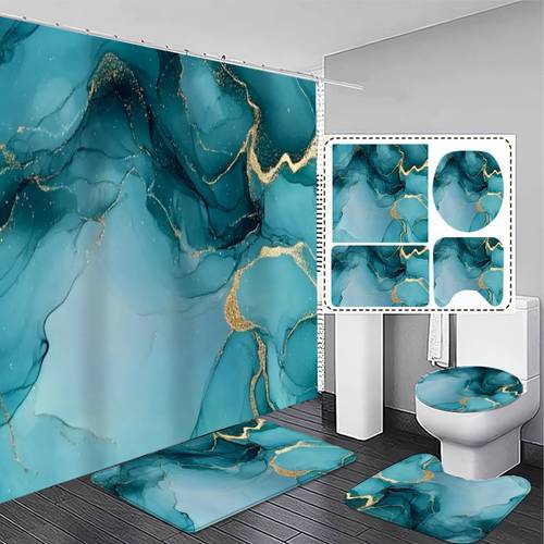 صورة العنصر 1/3/4 قطع، ستارة دش أنيقة وفاخرة بتصميم رخامي أزرق مائي ثنائي الأبعاد مع سجاد حمام مانع للانزلاق وغطاء مقعد المرحاض - ديكور حمام فاخر، هدايا ديكور منزلية راقية وعملية، 2d مسطح