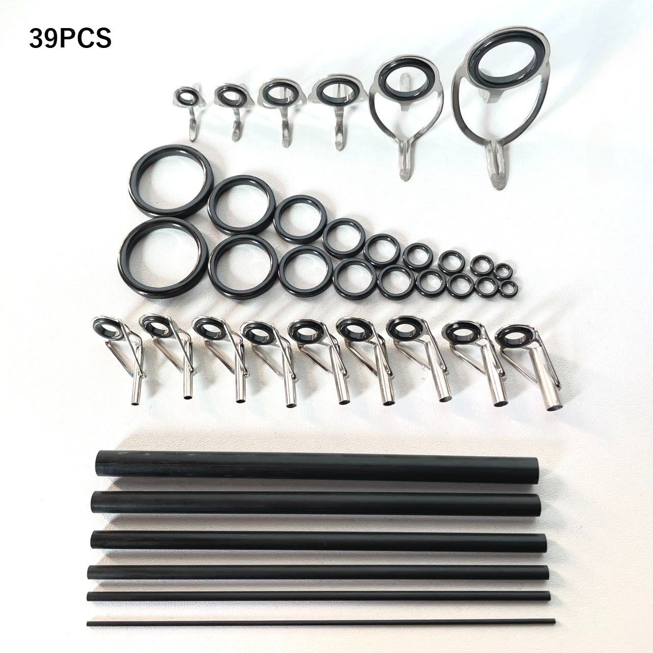 TEMU Fishing Gear Repair Accessory Set, Including 6pcs Double Foot Rings, 18pcs Ceramic Rings, 9pcs Rod Tips, And 6pcs Broken Rod Repair Carbon Rods