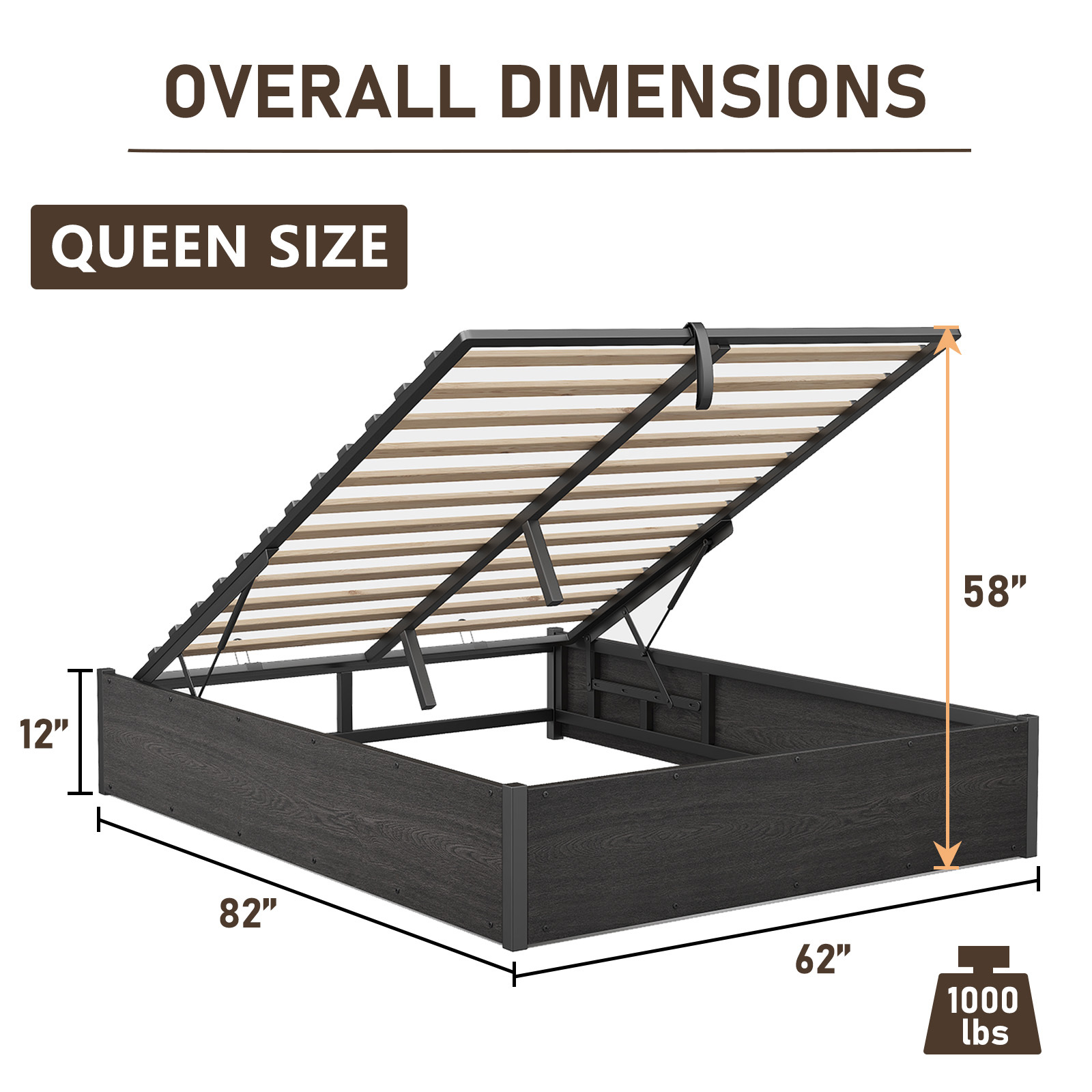 TEMU Cadre de lit PAPABABE avec plateforme de rangement relevable - Base en bois avec rangement sous le lit, pas de sommier , design silencieux