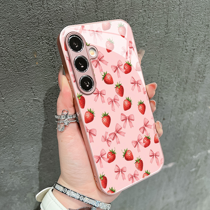 TEMU Phone Case - Aesthetic Pink Bow Strawberry Pattern Glass Phone Case For Galaxy S25/s25 Ultra/s25 Plus/s25 Edge/s24/s24 Fe/s24 Ultra/s23/s23