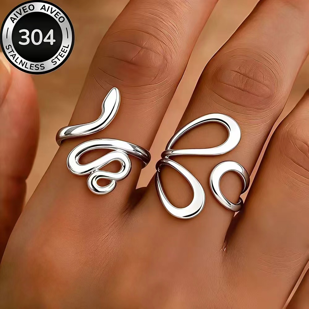 Women's 2pcs Stackable Open Ring Set, High-Quality Stainless Steel