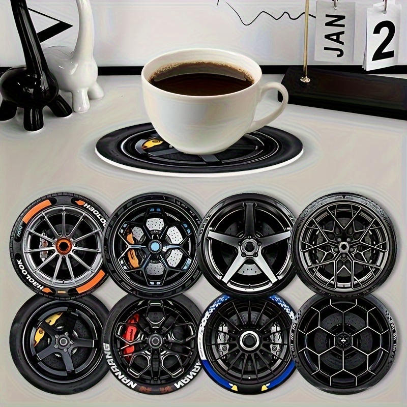 Image of 8pcs Tire Wooden Coasters - Heat-resistant And Non-slip, Suitable For Cafes, Dining Tables, Beverage Cup Decorations, Perfect Gift For - Best Gift For