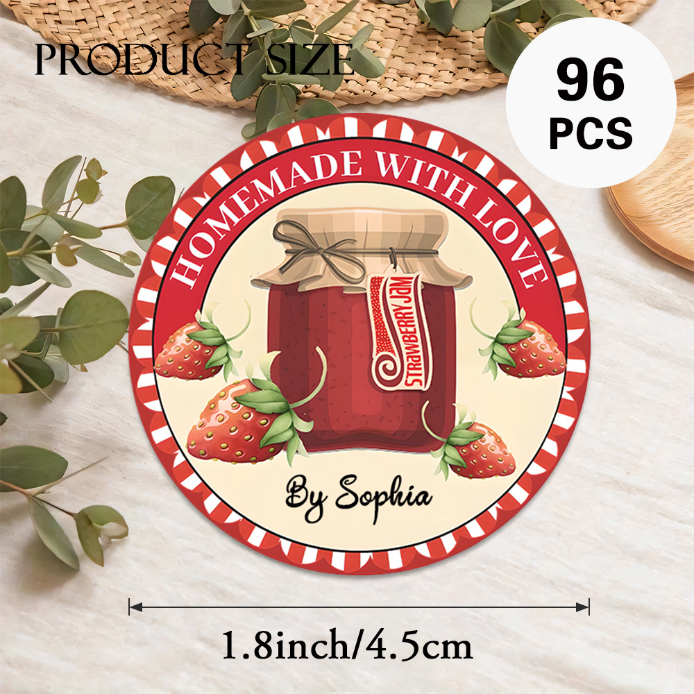 TEMU Custom 48pcs, 96pcs Homemade Jam Round Stickers, Customizable Text, Strawberry Jar Vintage , Suitable For Homemade Product Labeling, Gift