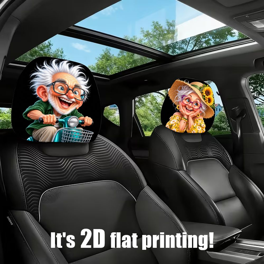 TEMU 2-pack Printed Car Headrest Covers Cartoon Grandpa Grandma Designs. Features A Stretchy, Universal Fit And Ideal Car Accessory. Fun Decor That