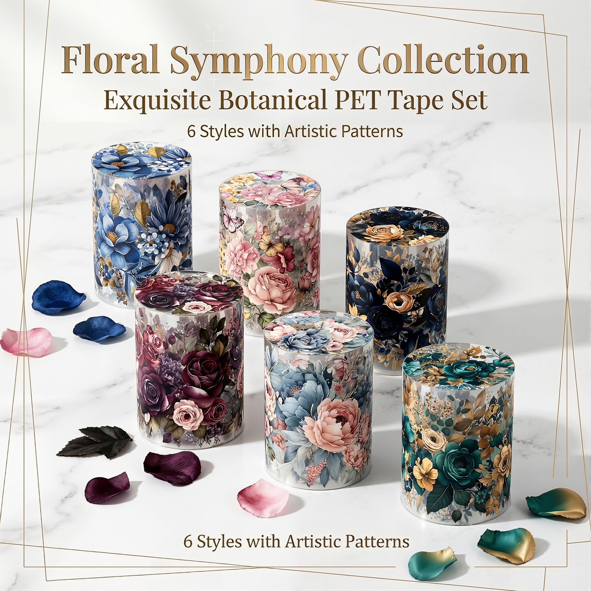 TEMU 6 Rotoli di Nastro Washi in PET per Journaling, Scrapbooking, Nastri con Fiori Botanici con Base e Adesivi , Nastro Adesivo per Artigianato, Fai