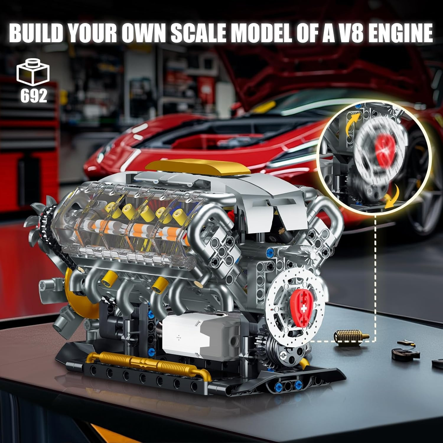 V8 Sports Car Engine Building Block Set, Capable Of Real Operation, Exquisite And Creative DIY Model Toys, A Puzzle Birthday Gift for Car And Mechanical Enthusiasts, Independence Day 692pcs