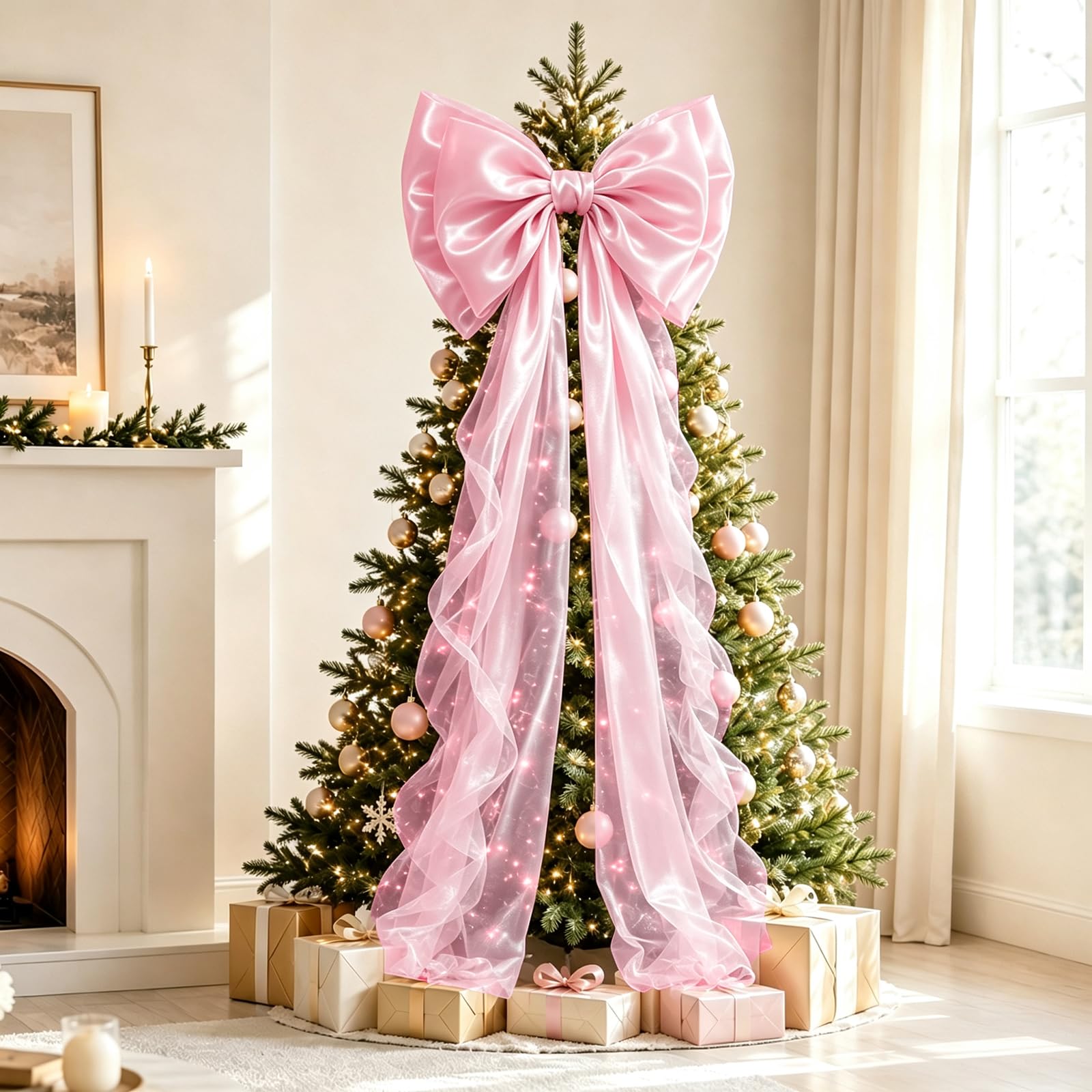 TEMU Large 20"x59" Pink Glitter Satin Bow Tree Topper Suitable For Christmas Tree Decorations - Elegant Plastic Bow With Glittering Branch Tip For