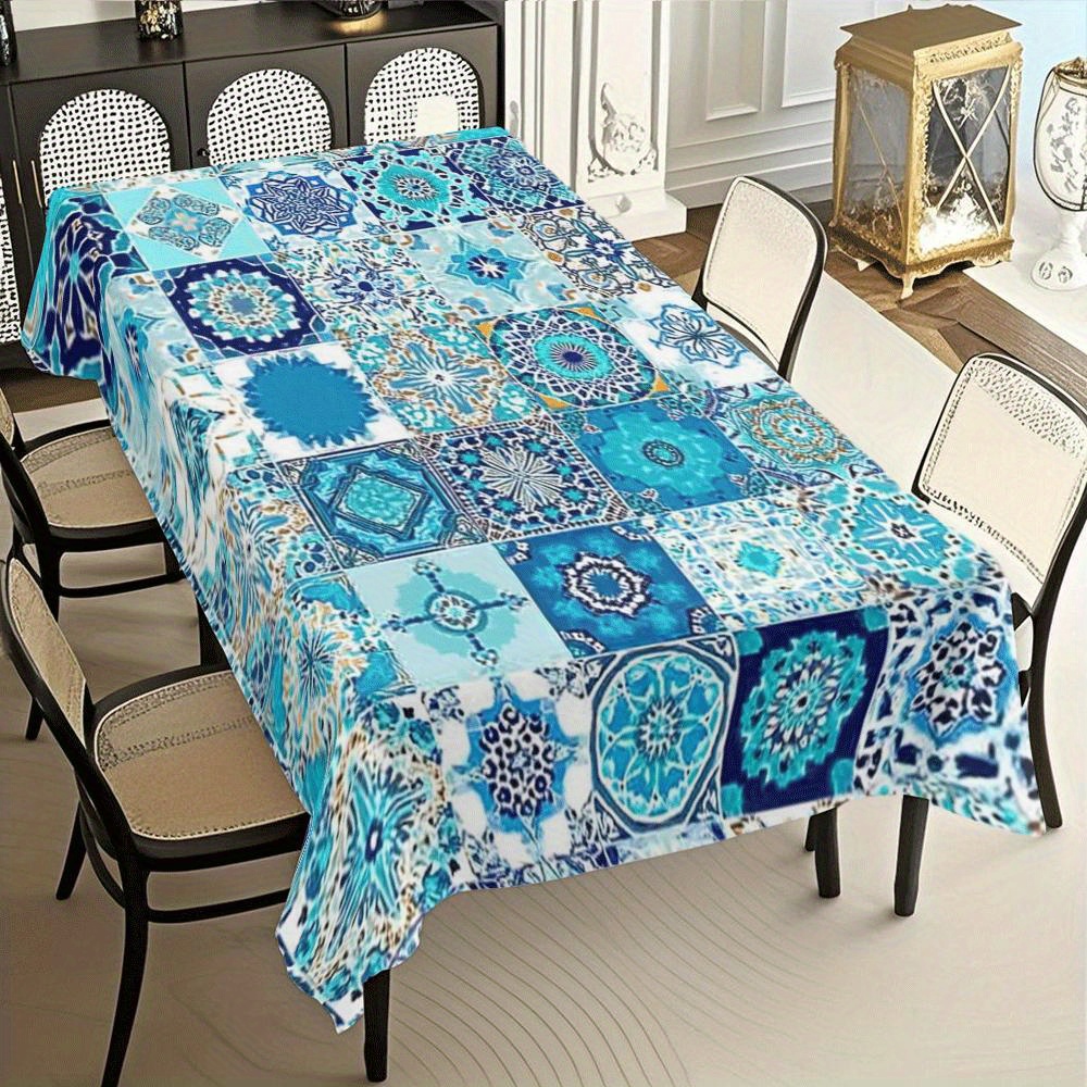 TEMU 2d Flat Party Tablecloth, 1pc, And Blue Moroccan Tile Continuous Design Tablecloth, Washable, Ideal For Festive Gatherings And Daily Dining, For