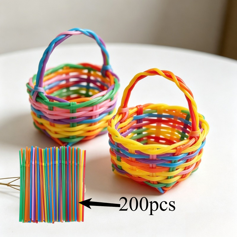 Image of 200 Random Color Flexible Plastic Braided Straws - Suitable For Weaving, Colorful Striped Flexible Tubes, Ideal For Weaving Baskets, Wreaths, And Sculpture Projects, Flexible Weaving, Art Supplies