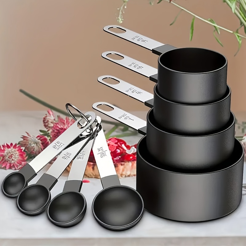 TEMU 8pcs Set Of Stainless Steel Black Stackable Measuring Cups And Spoons With Plastic Tips, Precision Spoons, Suitable For Dry And Wet Ingredients,