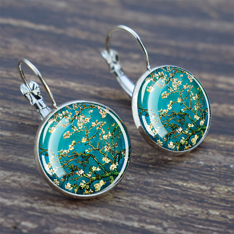 Minimalist Style Earrings Van Gogh's Oil Paintings, Featuring The Famous Starry Night Design. A Beautiful Glass Jewelry Gift For Women, Sold As A Pair