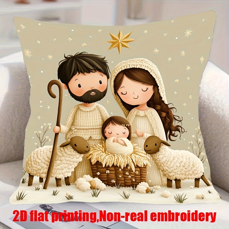 TEMU 1pc Of Vintage Nativity Scene Christmas Pillowcase Featuring Mary And Shepherd Patterns, Made Of Soft And Smooth Polyester Short Plush Fabric,