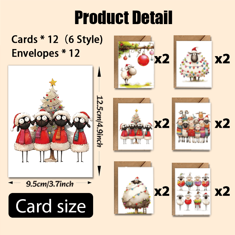 TEMU 12pcs Of Christmas Greeting Cards With 12 Envelopes, Featuring Humorous Watercolor-style Sheep, Family, , Birthdays, And As Quirky Gifts For