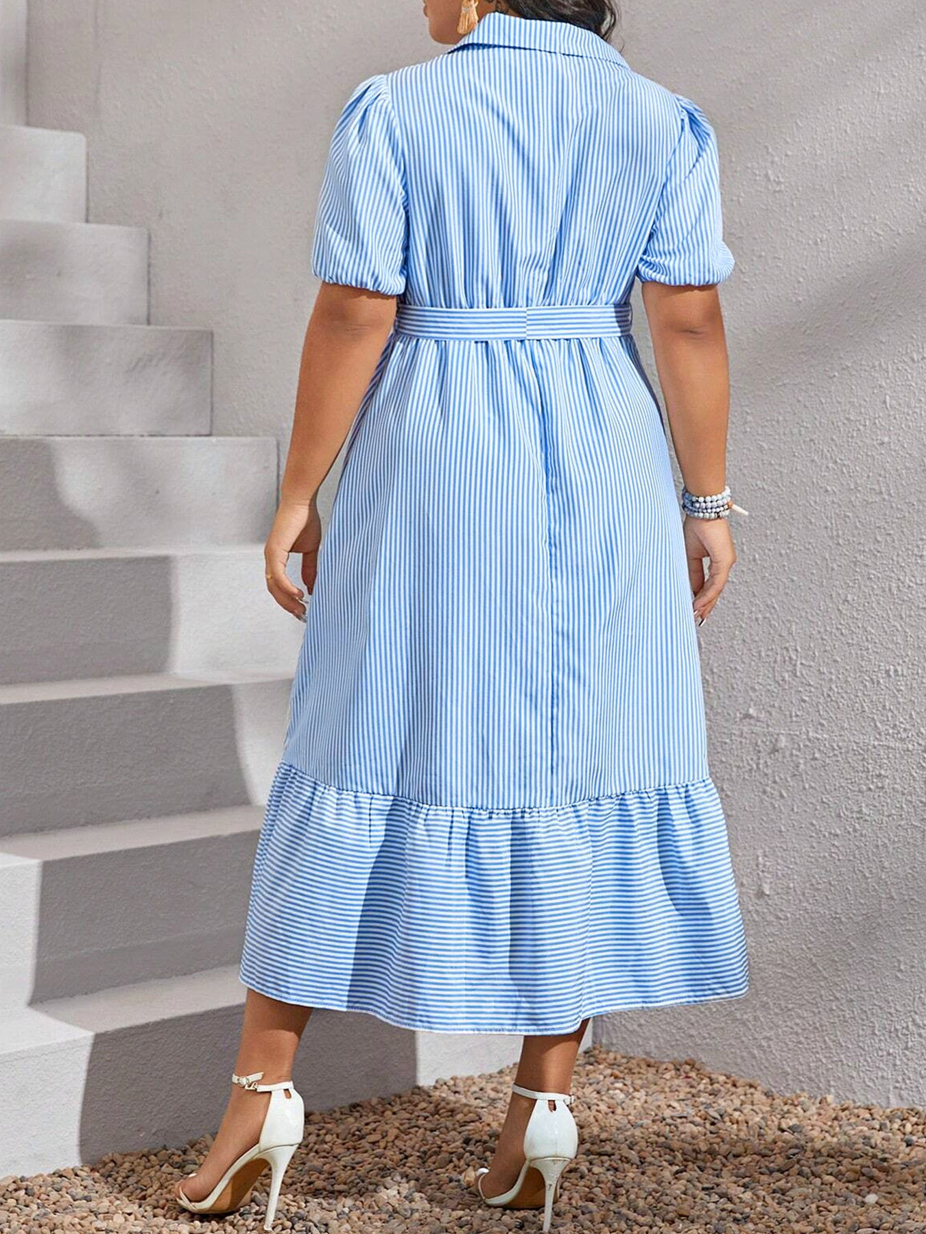 knee length dresses for ladies Plus Size Striped Button Front Midi Dress Light Gray / 1XL main image 0