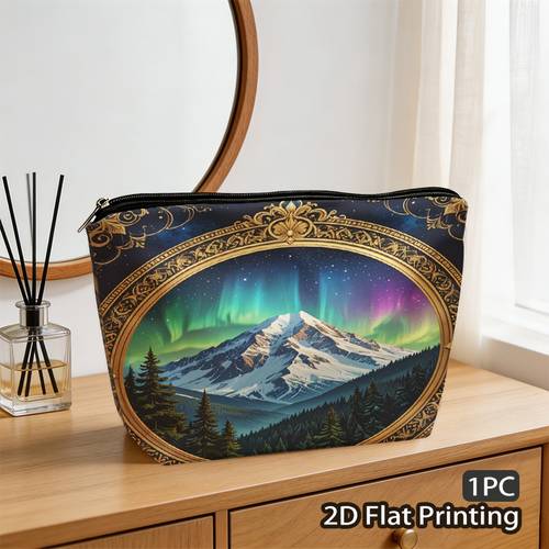 item picture 1pc Makeup Bag, Ornate Mountain Pattern, 2D Flat Printing, Tear Resistant, Easy to Clean, Cosmetics Storage Bag, for Office, 2D Flat