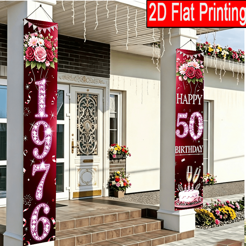 TEMU 2d Flat, 2d Flat 1 Pair Celebrates 50th Birthday With A Red Banner With 1976 Floral Cake Design Flag, Outdoor Courtyard Walls Front Door Holiday