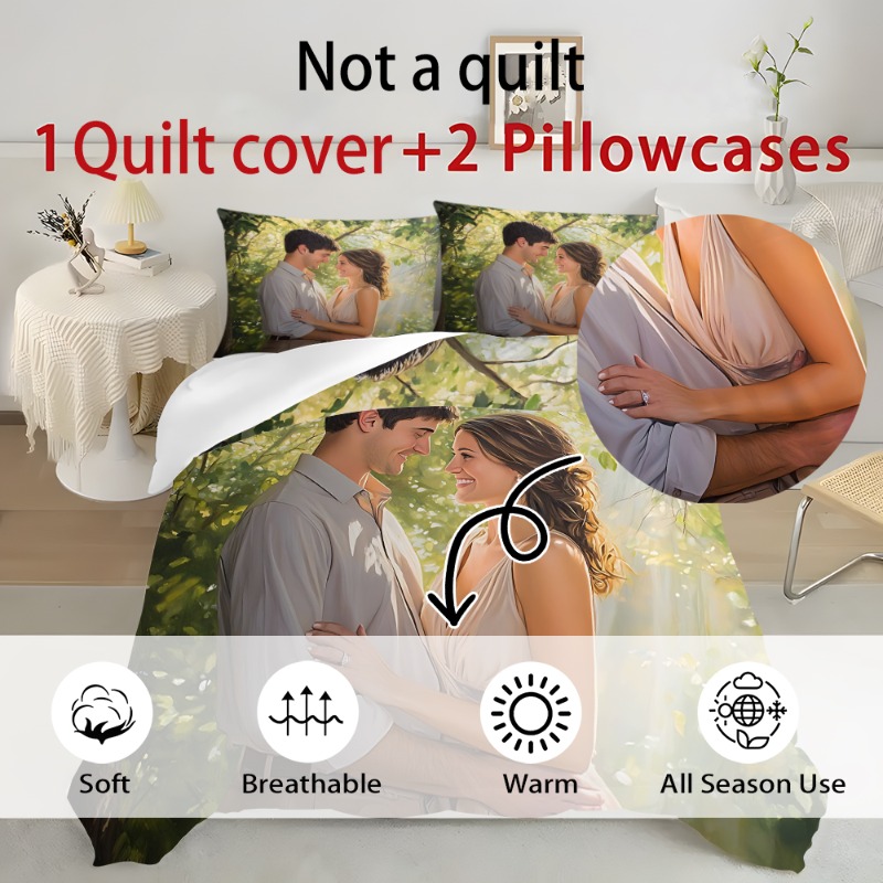 customize your personalized photos 2 3pcs set   couple photo quilt cover pillowcase set for   polyester fabric with zipper closure and single sided printing machine washable bedding set 1x quilt 2x pillows no inserts   bedroom or camping Product details 1
