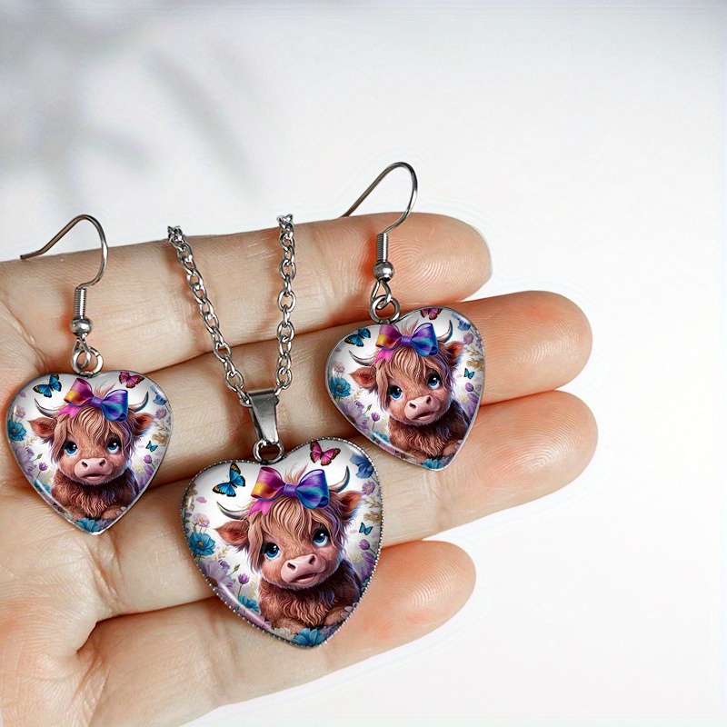 TEMU 3pcs Cartoon Highland Cow Pattern Heart-shaped Stainless Steel Earrings Necklace Fashion Jewelry Set Decorative Gift For