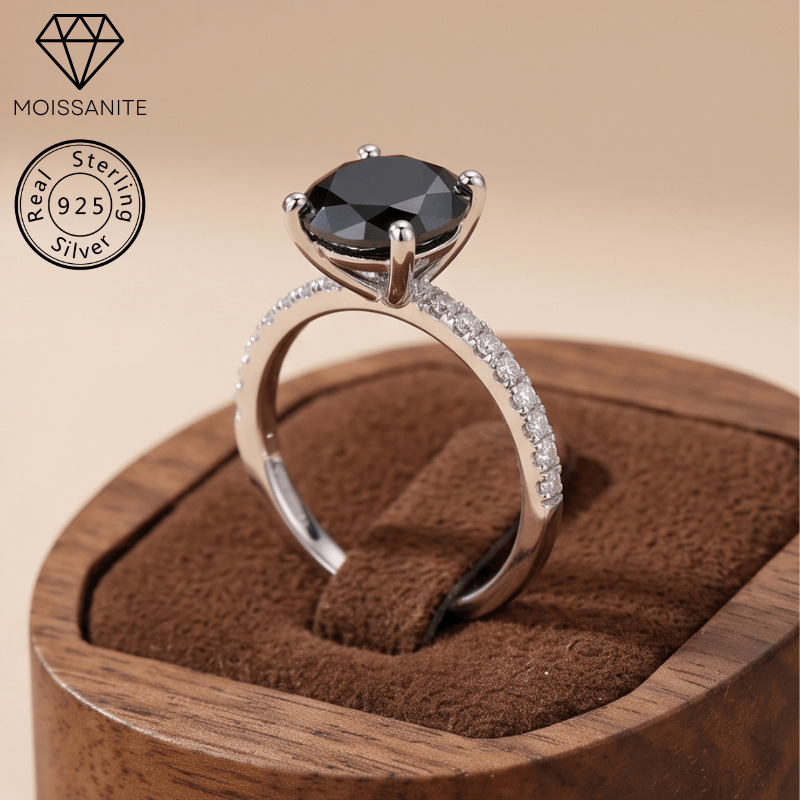 Women's 1/2/3/5 Carat Elegant Black Moissanite Four-Claw Ring in 925 Silver