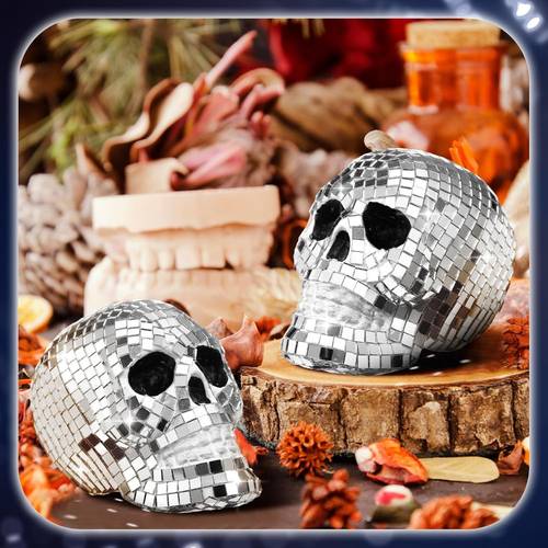 item picture 2pcs 3d disco halloween decoration disco halloween skull head state mirror ball skull layered tray decoration home table centerpiece suitable for cemetery indoor outdoor vacation