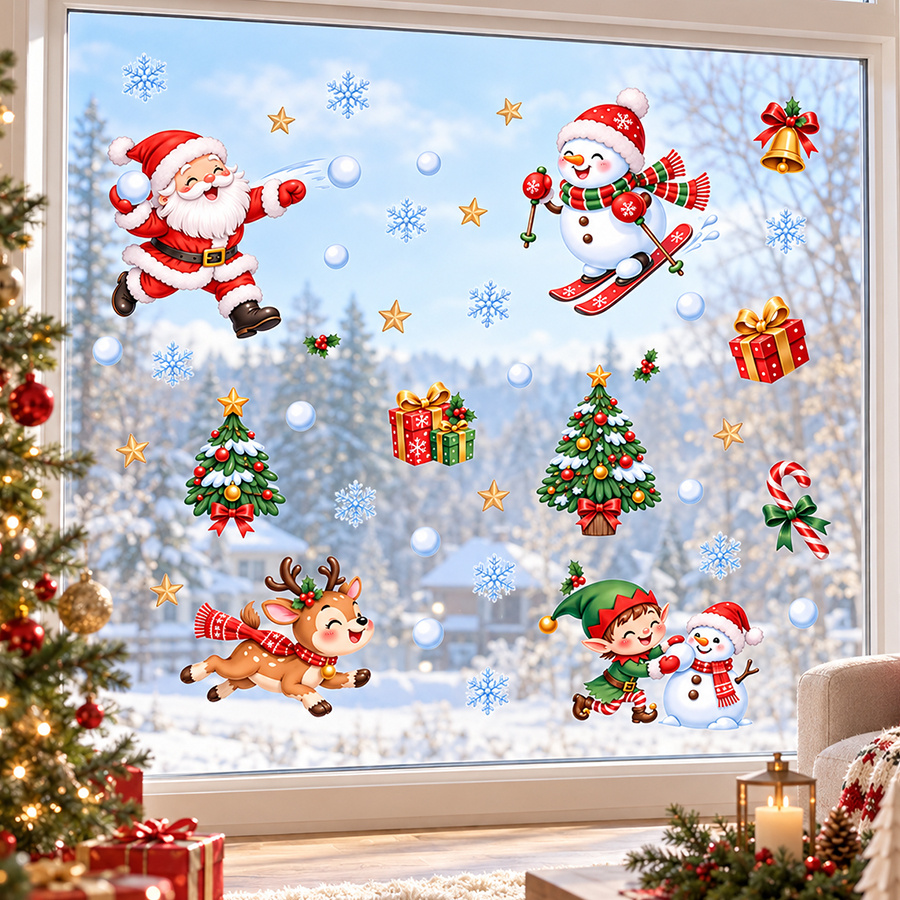 TEMU 1 Set/2pcs Décoration de Noël Père Noël de Neige Elf Autocollant de Fenêtre, Adhésifs Statiques, , Colle Résidu, Autocollants de Cloche de Neige