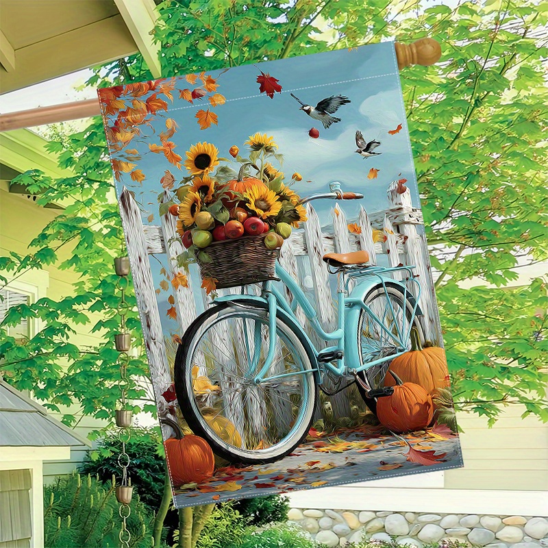 TEMU Drapeau de Jardin 2D Plat, Gd-Dq07050001-1pc Récolte d'Automne Riz, , Oiseaux et Vélo, Drapeau de Thanksgiving, 28x40 Pouces, Drapeau Extérieur