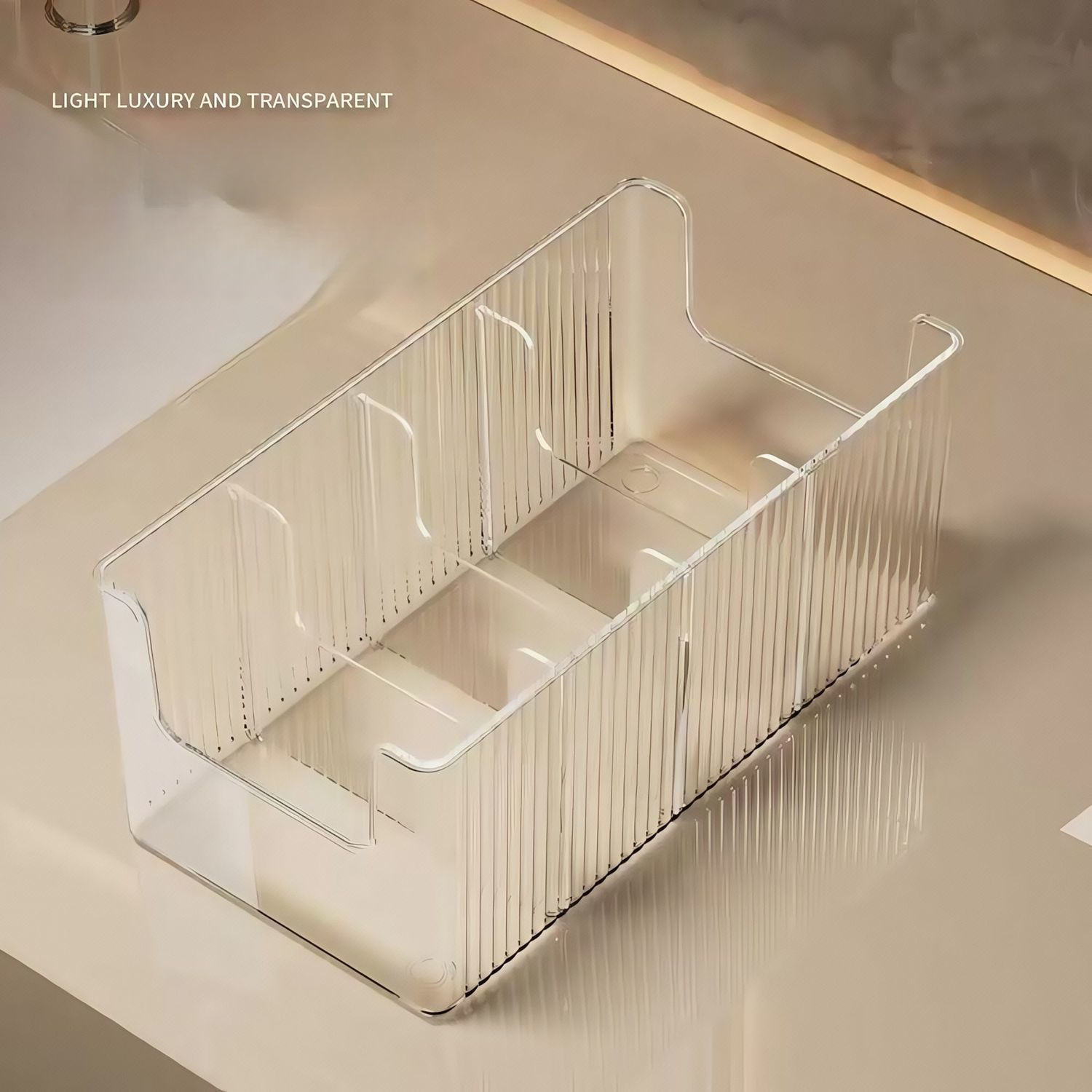 TEMU Boîte de rangement transparente pour masques à rayures verticales de luxe léger, organisateur à compartiments transparents en PP pour coiffeuse,