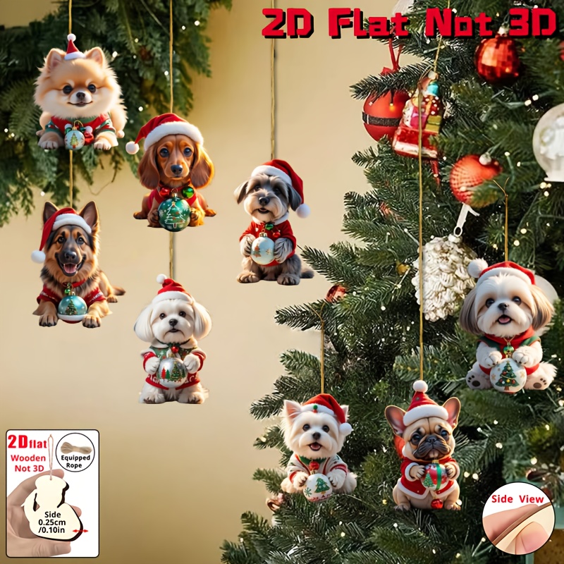 TEMU 2d Flat, 2d Flat - 8pcs Set Of Assorted Dog Wooden Ornaments Wearing Santa Hats - 2d Flat, Not 3d | , Made Of Wood | Suitable For Christmas