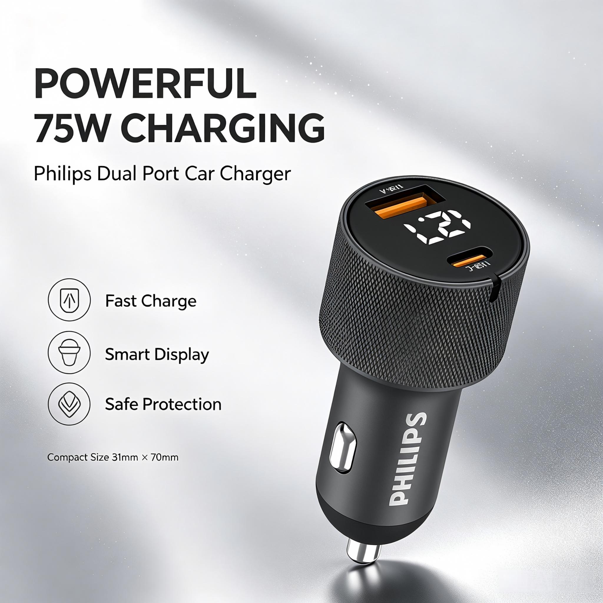 TEMU Dlp5521b/73 75w Max Car Charger, Usb-a And Type-c Dual Port Car Phone Charger With Digital Voltage Display, Pd Pps Fast Charging Car Adapter For