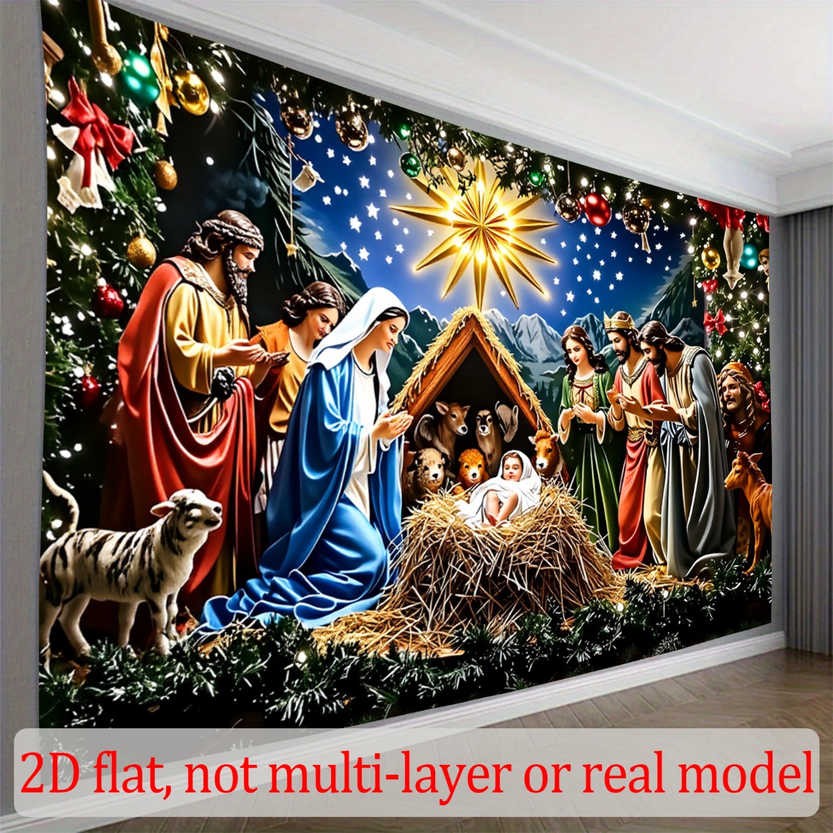 TEMU 2d Flat, 2d Flat - 2d Flat Banner, 1pc Polyester Fabric Backdrop With Christmas Nativity Scene Theme In Warm Color Tone Featuring Festive