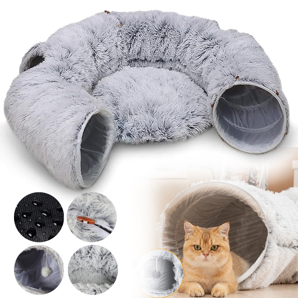 Versatile Soft Cat Tunnel Bed With Crinkling Sound & Attached Ball - Collapsible Hideout Plaything For Small Cats And Kittens To Play And Rest