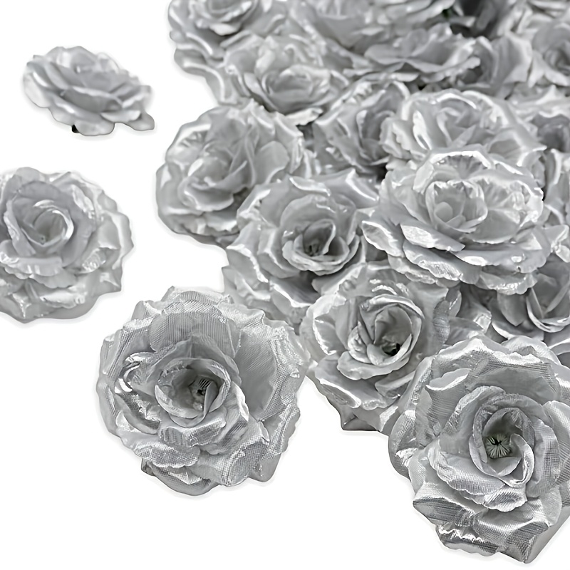 28pcs Silvery Rose Flower Heads Without Stems, Artificial Flower Heads For Decoration, 3 Inches (. 7.6 Cm) Rose Fake Flowers Wedding Party Home Decor Baby Shower Centerpiece Table Decoration