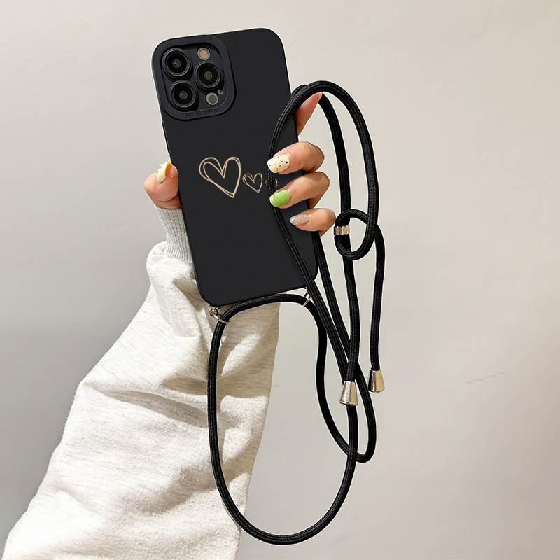 TEMU Phone Case - Complete Protective Brown Heart-patterned Lanyard Phone Case For Iphone 16, 15, 14, 13, 12, 11 Pro Max, Xs, Xr, 7, 8, Se2, And Se3
