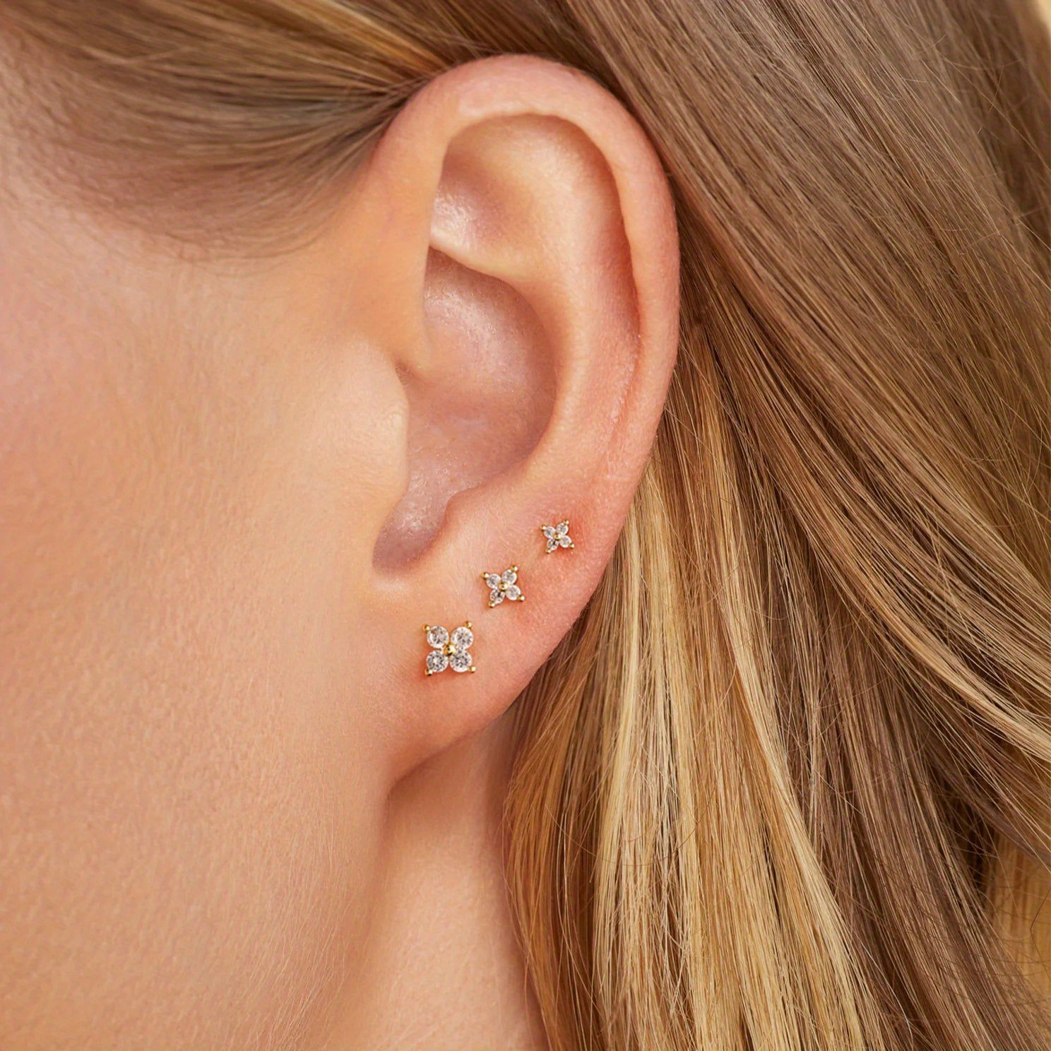 3 Small Retro Four Leaf Clover Earring Set