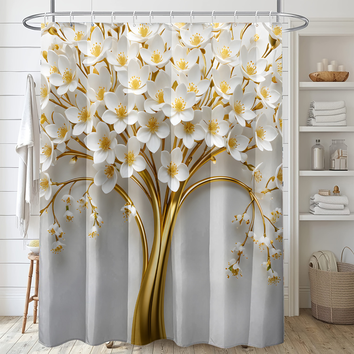 

Chic White Floral Print & Golden Shower Curtain - Waterproof Polyester With Hooks, , All - 71x71 Inches